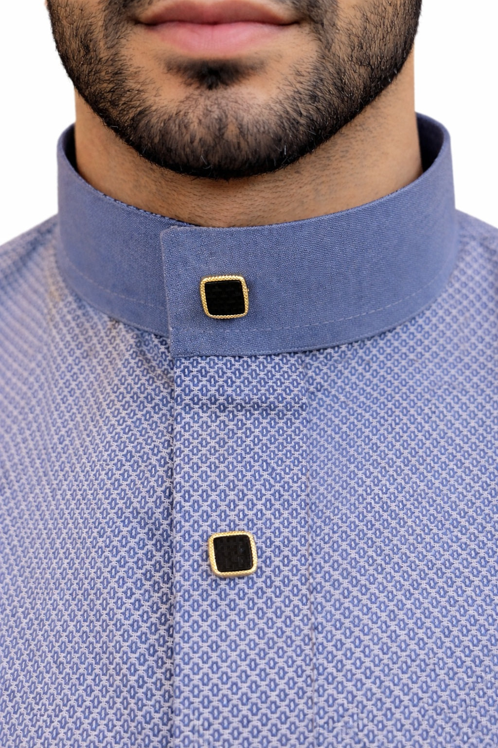 qamis bleu gris col officier bouton noir et doré élégant coton