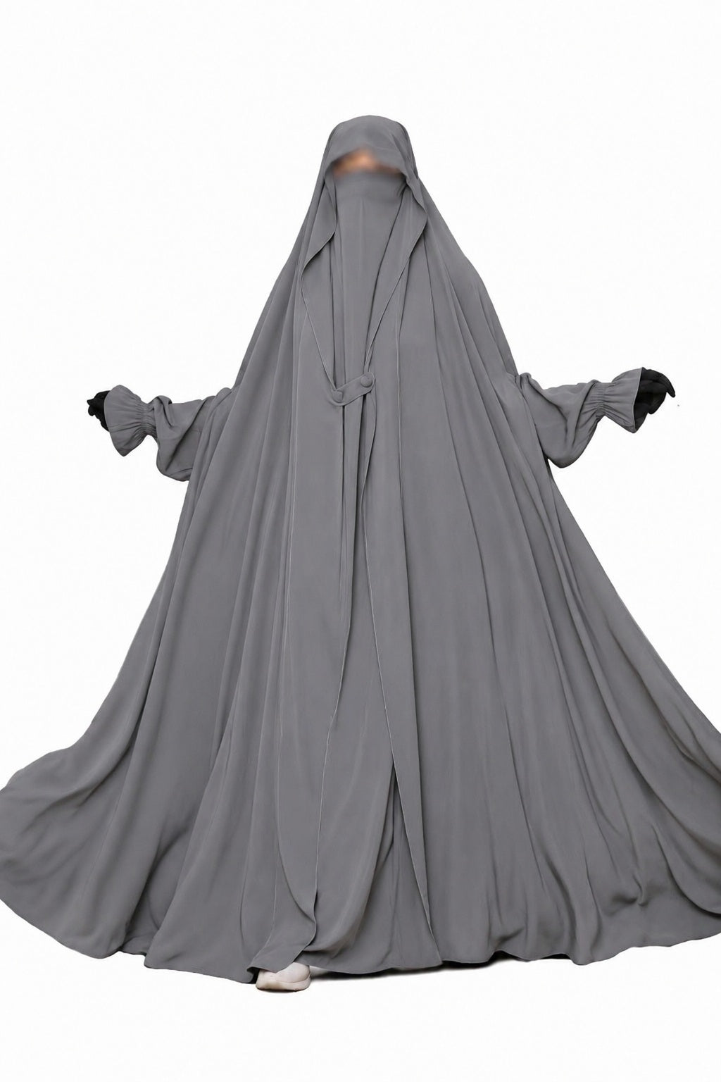 Jilbab 1 pièce gris Liyane très ample avec niqab intégré, mettant en valeur la grande couvrance.