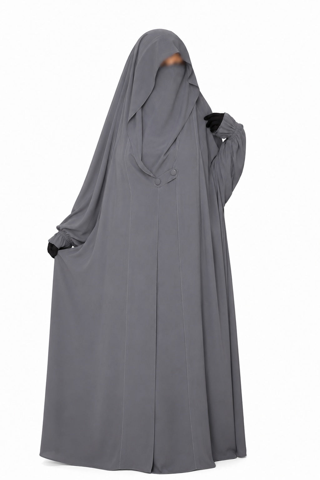 Jilbab 1 pièce gris Liyane en crêpe royal avec niqab intégré, vue de face.
