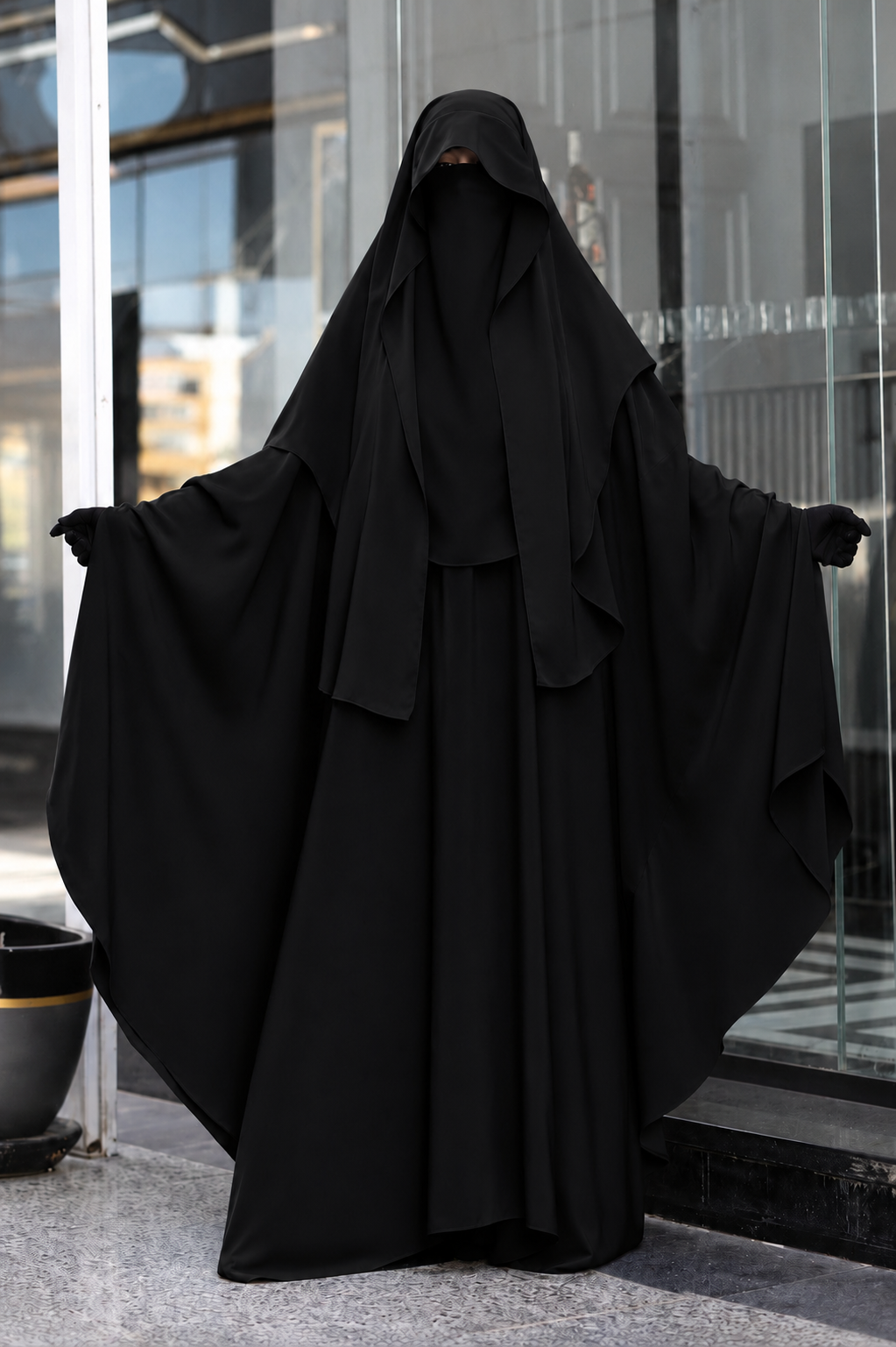 Femme portant un jilbab 2 pièces noir en crêpe royal, composé d'un khimar long et d'une jupe ample, avec les bras ouverts mettant en valeur l'ampleur et le tombé fluide du vêtement.