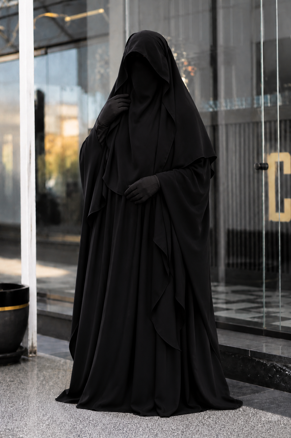 Femme portant un jilbab 2 pièces noir en crêpe royal dans une pose élégante, mettant en valeur la fluidité du khimar et la coupe ample de la jupe.