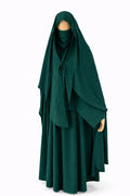Jilbab 2 pièces vert canard vue de face avec khimar long avec tissu crêpe royal