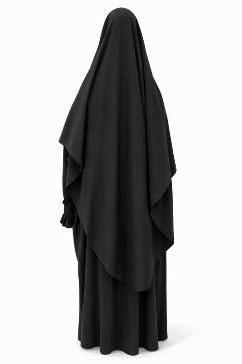 Jilbab noir avec khimar long couvrant vue de dos