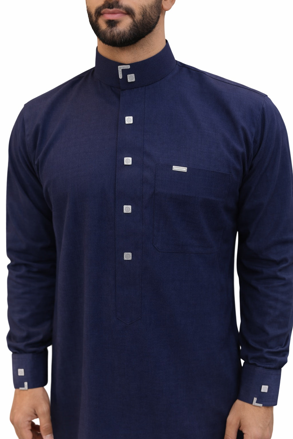 Qamis bleu nuit homme coupe élégante vue complète
