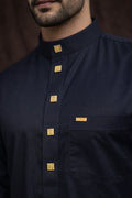 qamis bleu nuit homme style saoudien coton avec boutons dorés