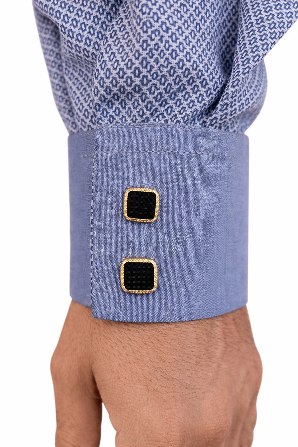 manche qamis homme bleu gris bouton chic noir doré tissu coton texturé